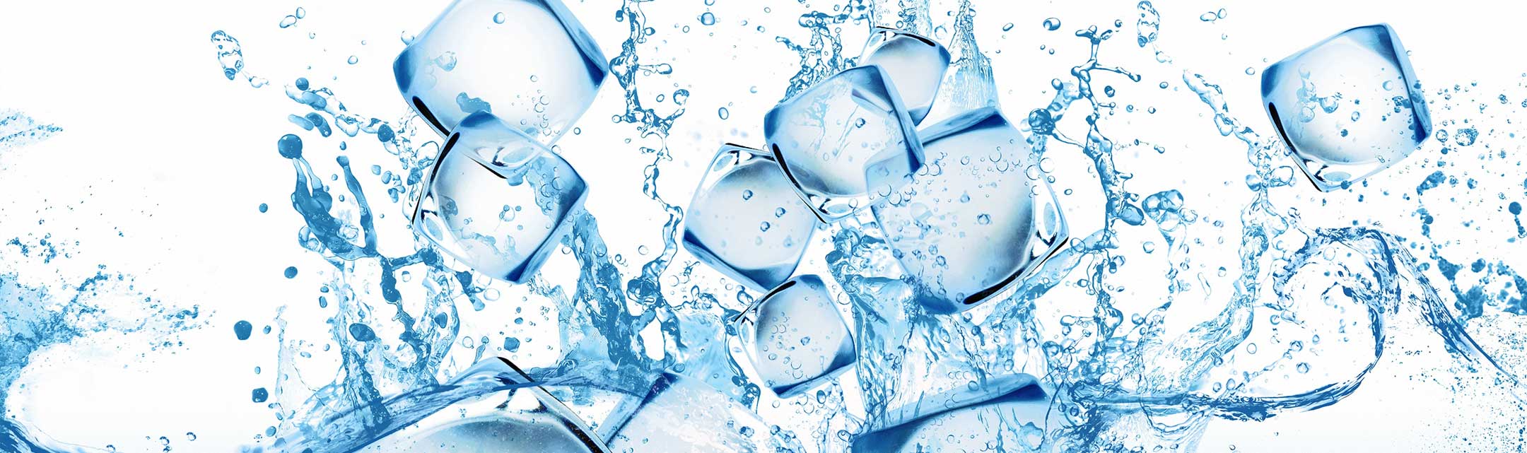 Ice blocks and water drops on a white background